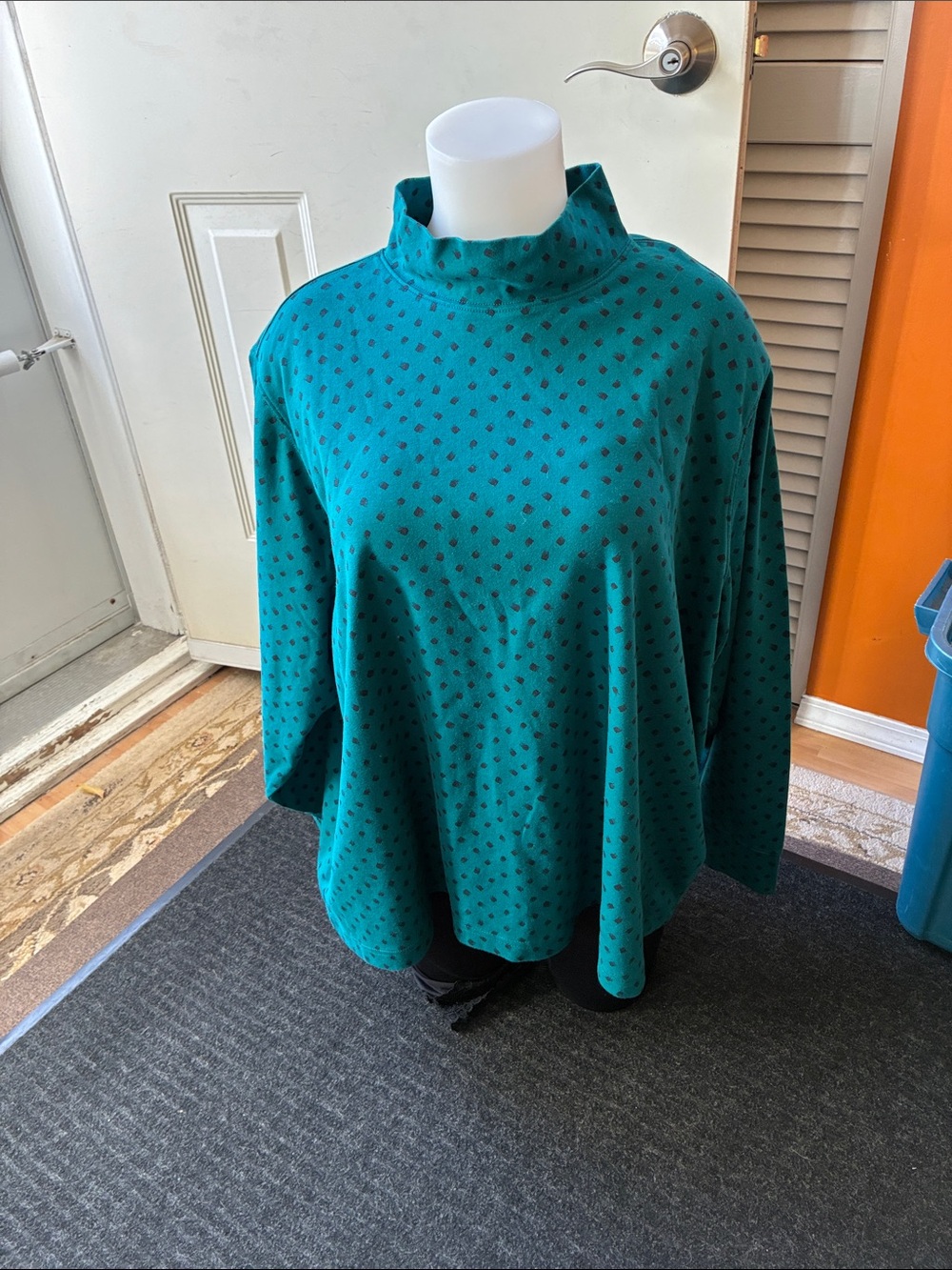 Lands' End Teal Mock Neck Long-Sleeve Top with Tiny Dot Print